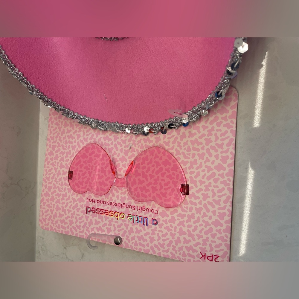 Barbie Pink Country Western Pink Cowgirl Sequence Polyester Hat w/ Heart Glasses - Picture 3 of 7